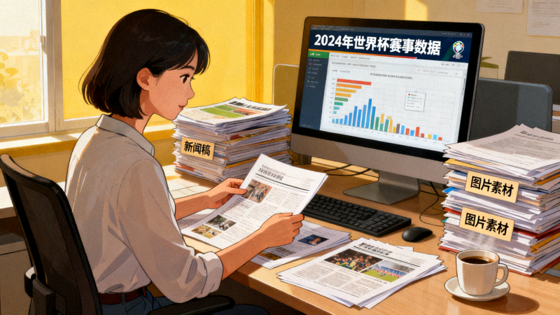 体育资讯编辑整理赛事报道与新闻素材的工作场景